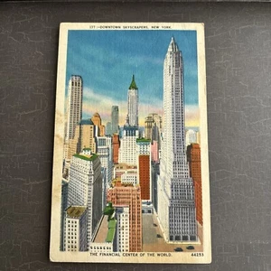 DOWNTOWN SKYSCRAPERS Postcard LINEN New York 1953 posted AcaciaCard Co - Picture 1 of 3