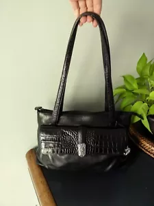 Vintage BRIGHTON Schultertasche schwarz Leder mit Kroko-Detail Leder schwarz Doppelriemen - Bild 1 von 12