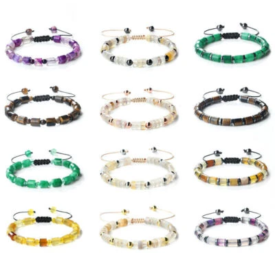 Colourful Agate Stone Beaded Cylinder-Shaped Braided Bracelets Boho Adjustable - Image 1 of 4