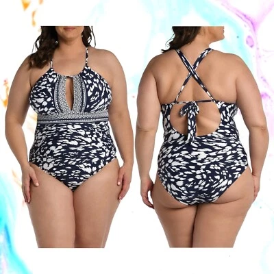 LA BLANCA Changing Tides Mio Swimsuit One Piece Keyhole  Shimwear Navy Blue 16  - Image 1 of 4