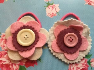 Set 2 hair elastics/ponytail holders~handcrafted w/ivory and pink flowers - Picture 1 of 3