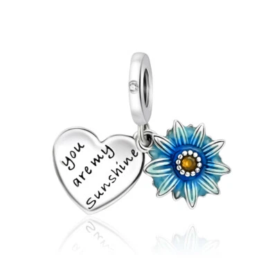 Pulsera colgante de plata de ley 925 con placa de identificación azul margarita con amor para mujer Foto 1 de 4