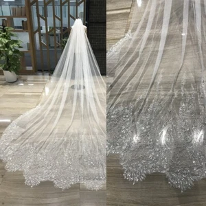 Velo de boda catedral lentejuelas blancas apliques borde de encaje accesorios nupciales - Imagen 1 de 8