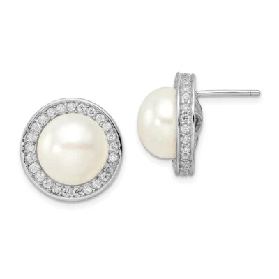 Sterling Silver 12mm Button Freshwater Cultured Pearl and CZ Halo Stud Earrings — 第 1/3 张图片