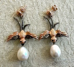 Birds Earrings, Pearl, Black Spinel Gems, Stud, 925SS Rhodium and Gold plated - Picture 1 of 5