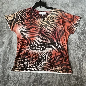 Breckenridge Blouse Top Womans Petite PM Short Sleeve Animal Print Multicolor - Picture 1 of 9