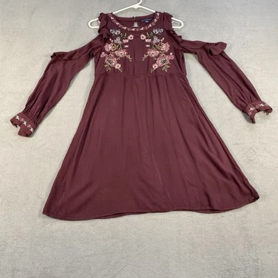 American Eagle Outfitters Women's Burgundy embroidered Cold Shoulder Dress, S - Image 1 of 4