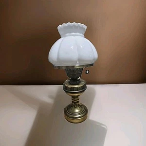 Vintage Brass Parlor Hurricane Table Lamp w/White Milk Glass Shade, Chimney - Picture 1 of 7