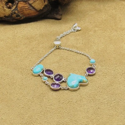 Pulseira de corrente de prata esterlina com pedras turquesa e ametista DTR Jay King - Imagem 1 de 4
