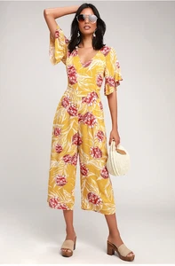 Lulus Garden's Glory Mustard Yellow Floral Lightweight Jumpsuit Size XL - Picture 1 of 22