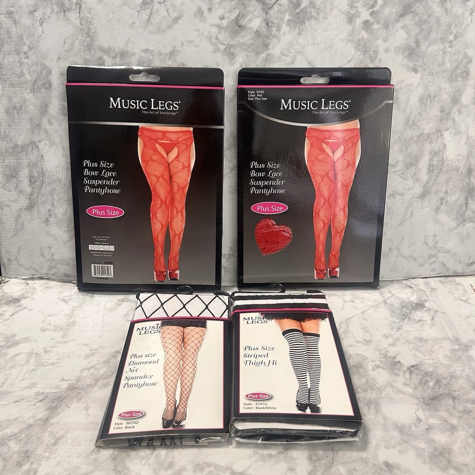 Lot of 4 Music Legs Pantyhose Plus Size Fishnet Hearts Thigh Highs Suspenders - Image 1 of 4