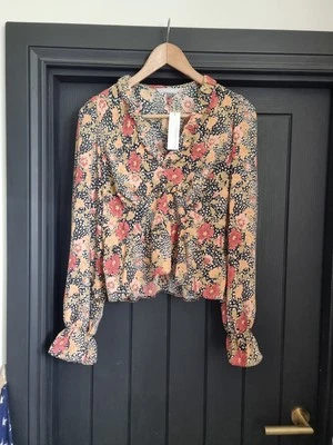 Redherring Vintage Floral Print Vneck Ruffle Trim LS Crop Hip Top Size UK 12 - Image 1 of 4