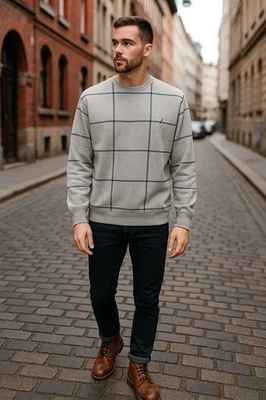 Moletom Nautica masculino xadrez janela gola redonda M cinza minimalista preppy - Imagem 1 de 4