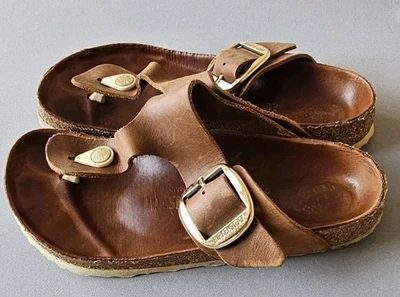 Birkenstock Gizeh Hebilla Dorada Grande Cuero Marrón Coñac Talla 37 (EE. UU. 6-6,5)  Foto 1 de 4