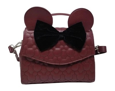 Nuevo Bolso Bandolera LOUNGEFLY Minnie Mouse Borgoña Negro Terciopelo Lazo Acolchado Foto 1 de 4