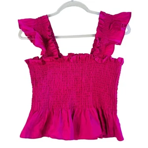 Top Hill House Home 100 % lino con volantes peplum M rosa intenso coqueta fucsia - Imagen 1 de 6