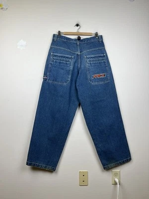 Pantalones de mezclilla holgados de pierna ancha Y2K Paco talla 34x32 logotipo bordado grunge patinador vintage Foto 1 de 4