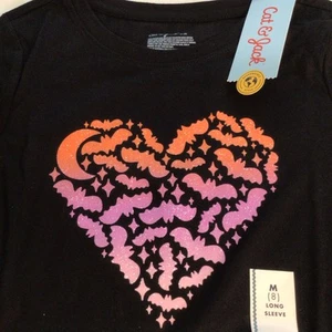 NEW Cat & Jack Girls Long Sleeve Black Sparkle Bat Heart Moon T Shirt, 8, M - Picture 1 of 12