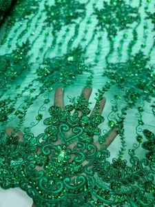 KELLY GREEN Embroidery Lace Beaded  Fabric 50” W Sold By The Yard For Dress  - Picture 1 of 14