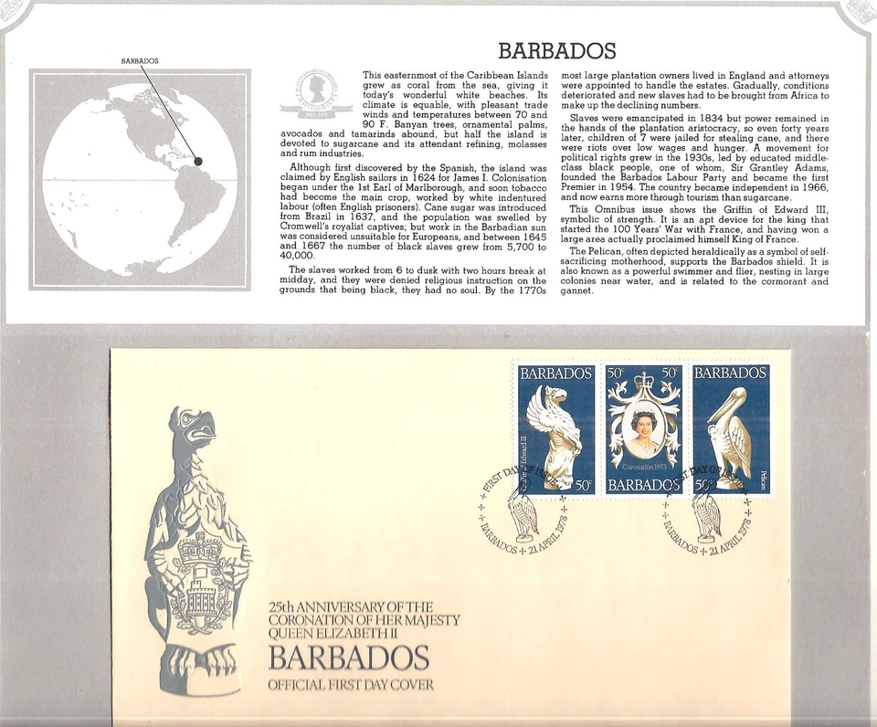BARBADOS  # 474 25TH ANNIVERSARY QUEEN ELIZABETH II CORONATION  FDC  - Image 1 of 1