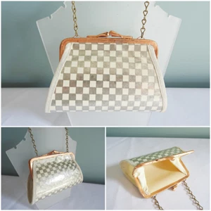 Vintage 1960s Bag Purse Girls Vinyl Plastic Metal Framed White Silver Pattern - Picture 1 of 14