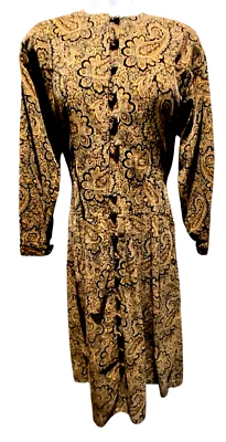 Винтажный Leslie Fay рубашка платье макси 10 пейсли вельвет длинным рукавом кнопка коричневый - Изображение 1 из 4