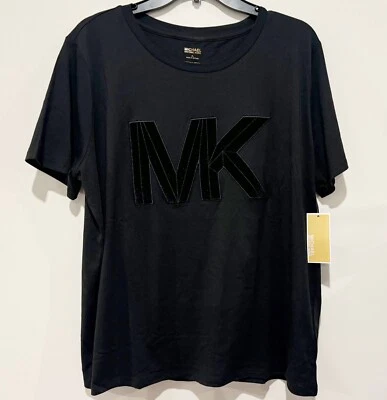 Camiseta nova com etiquetas Michael Kors feminina mistura de algodão veludo preto logotipo MK tamanho XL - Imagem 1 de 2