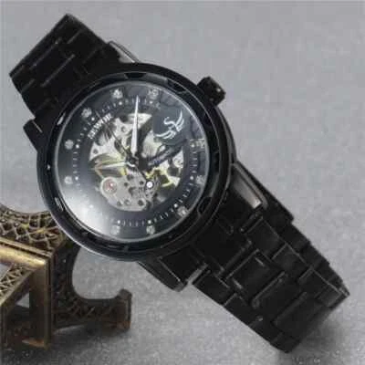 Men Watch Steampunk Black Skeleton Mechanical Hand Wind Watch Classic Wristwatch - Image 1 of 4