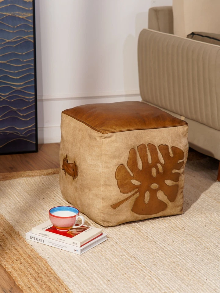 BBH HOMES HECHO A MANO ECOLÓGICO FORMA CUADRADA RELLENO CUERO BÚFALO MARRÓN PUF Foto 1 de 1
