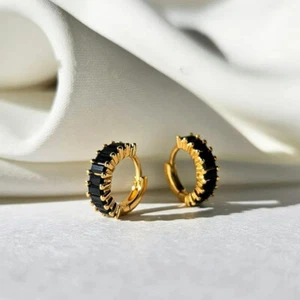 Dainty Baguette Black Stone Huggie 925 Silver Hoop 18K Gold Plated Boho Earrings - Picture 1 of 4