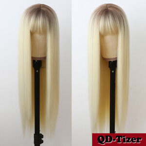Women's Full Neat Bangs Brown Roots 613 Blonde Synthetic Hair Wigs Long Straight