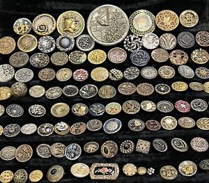Beautiful Large Lot 104 Antique Metal Buttons Victorian Tinted Flower Picture