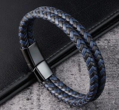 Men / Women Black Blue Braided Genuine Leather Bracelet Double Band Bangle 6-9" - Image 1 of 4