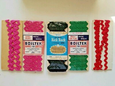 RICK RACK 3 VINTAGE CARDS  COTTON 9+ YDS Pink green black red VARIETY - Image 1 of 4