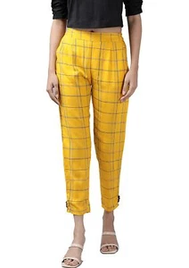 Women's Rayon Checks Printed Regular Fit Casual Trouser Pants Yellow XXL - Picture 1 of 6
