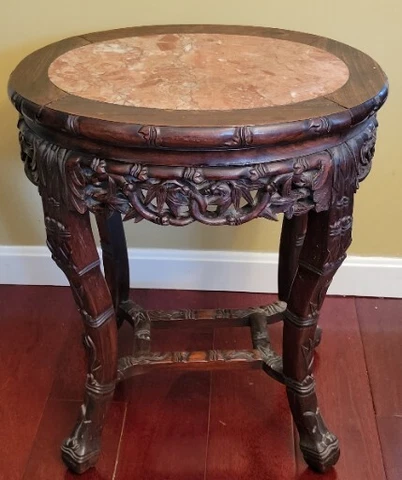 Antique Rosewood with Marble Top Side Table / Plant Stand Oval Amazing Carving Cover