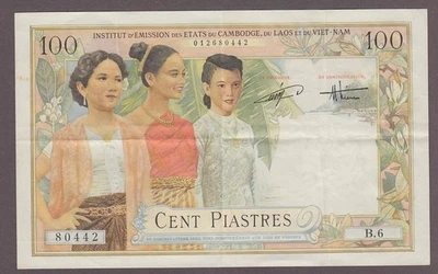 French Indochina 100 Piastres Note P-108 ND 1954  VF++ - Image 1 of 2