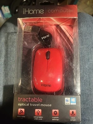 iHome Tractable Optical Mouse, RED W/ Retractable USB Cord, Travel Size - Image 1 of 3