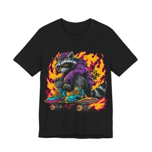 Unisex T-Shirt Raccoon Skateboarding Graphic Tee Hooded Neon Flames Streetwear - Picture 1 of 6