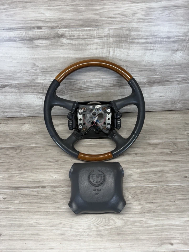 02 Cadillac Steering Wheel Escalade EXT Neutral Leather Woodgrain Steering Wheel - Image 1 of 4