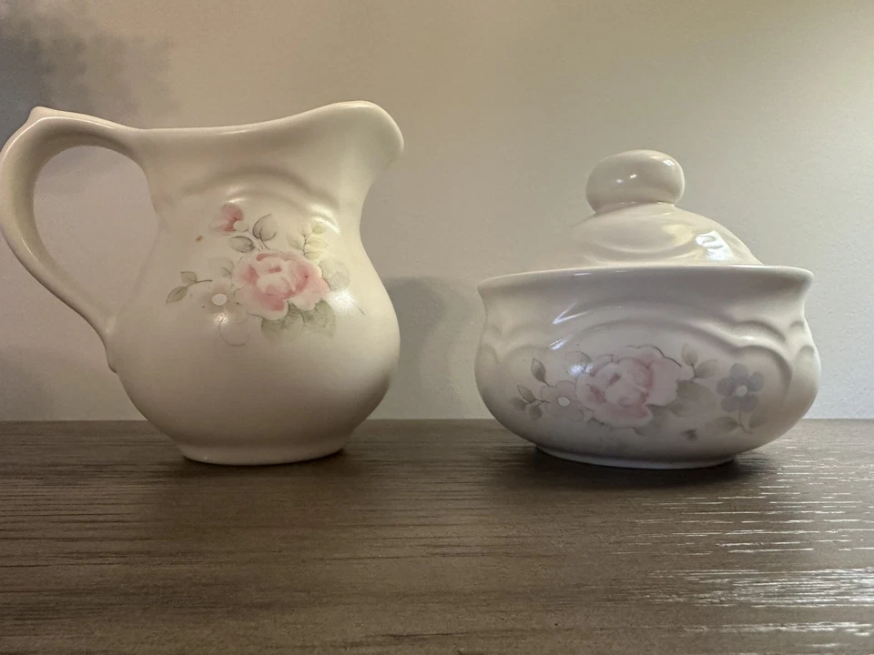 Pfaltzgraff Tea Rose Sugar Bowl W/ Lid And Creamer  Pink Floral 5” - Image 1 of 4