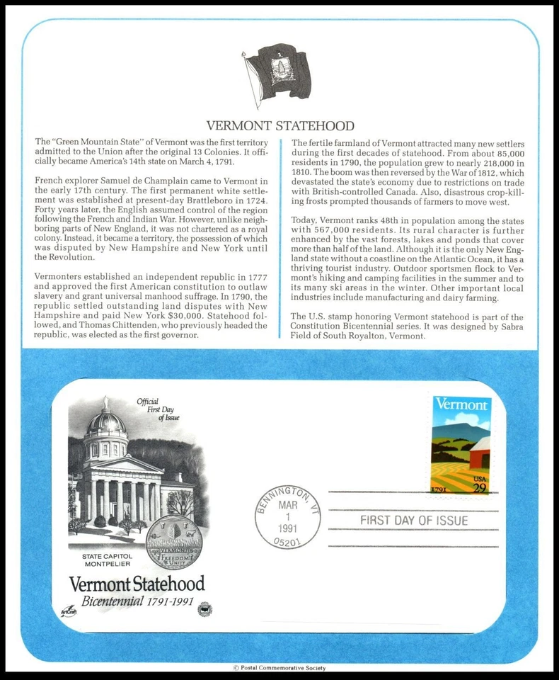 Vermont Statehood Sc 2533 FDC 1991 panel PCS, montaña verde bicentenario Foto 1 de 1