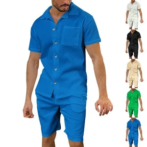 Men 2 PCS Summer Outfit 2-Piece Set Short Sleeve Shirt and Shorts Sweatsuit Sets - Picture 1 of 17