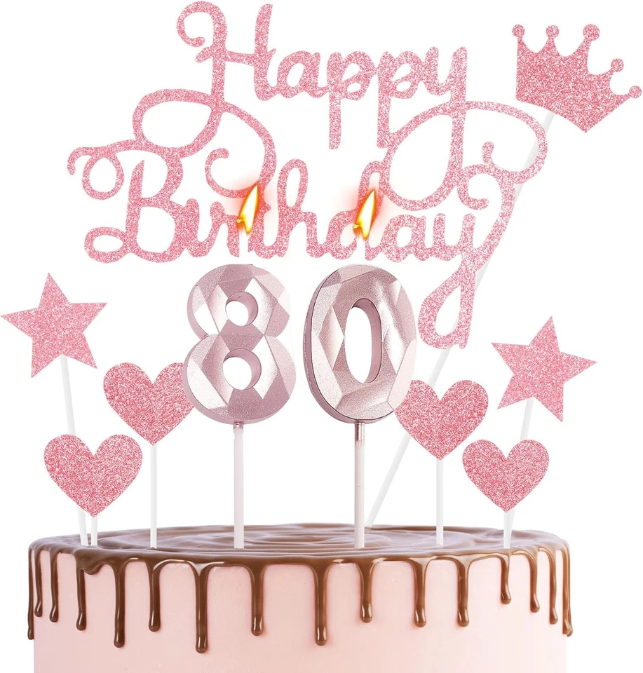 HONGCI Happy 80th Birthday Cake Topper & Candles - Rose Gold Number 80 80,