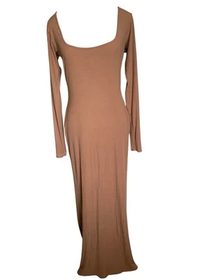 SKIMS 柔软休闲长袖长裙棕褐色连衣裙女式 XL 码罗纹弹力 — 第 1/4 张图片