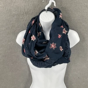 LOFT Floral Print Infinity Scarf Lace Trim Navy Blue & Pink Lightweight Stylish - Picture 1 of 9