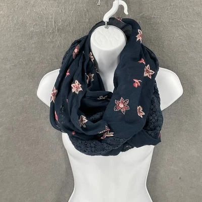Шарф LOFT с цветочным принтом Infinity кружевная отделка темно-синий и розовый легкий стильный - Изображение 1 из 4
