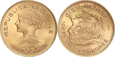 CHILE 1956SO GOLD 100 pesos KEY DATE NGC MS 63+ - Image 1 of 2