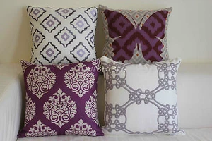 Vintage Gray&Purple Lavender Set Home Décor Linen CUSHION COVER PILLOW CASE 18" - Picture 1 of 10