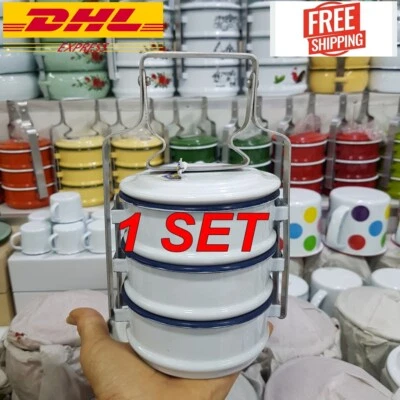 1 комплект эмалированный ланч-бокс 3 стека контейнер для пищевых продуктов Pinto Tiffin белый винтажный тайский - Изображение 1 из 4